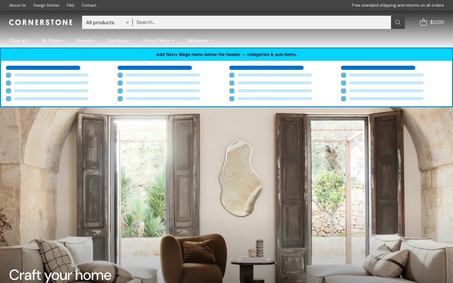 Navi+ Mega Menu inserted below the header on the Cornerstone Shopify theme Navi+ Mega Menu inserted below the header on the Cornerstone Shopify theme