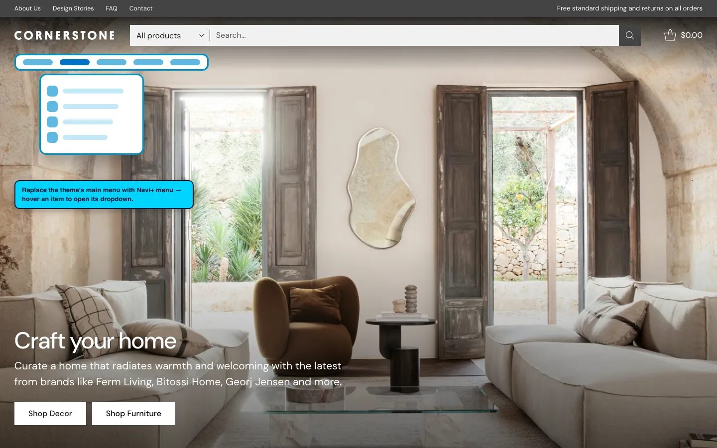 Navi+ Mega Menu replacing the desktop menu on the Cornerstone Shopify theme Navi+ Mega Menu replacing the desktop menu on the Cornerstone Shopify theme