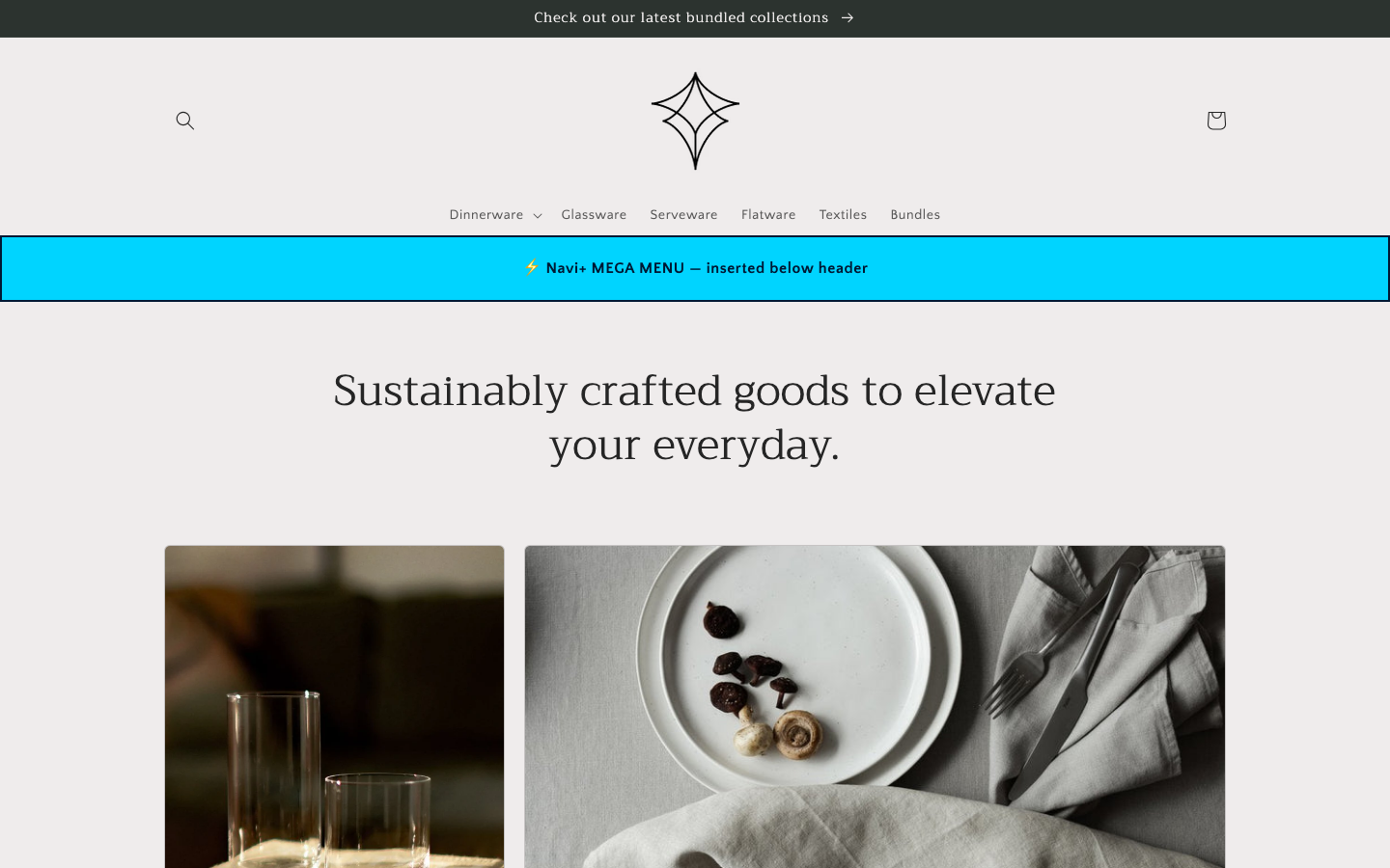 Menu inserted below header — Navi+ on the Craft Shopify theme