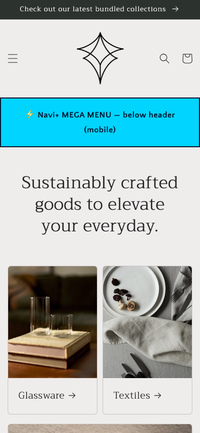 Menu inserted below header — Navi+ on the Craft Shopify theme