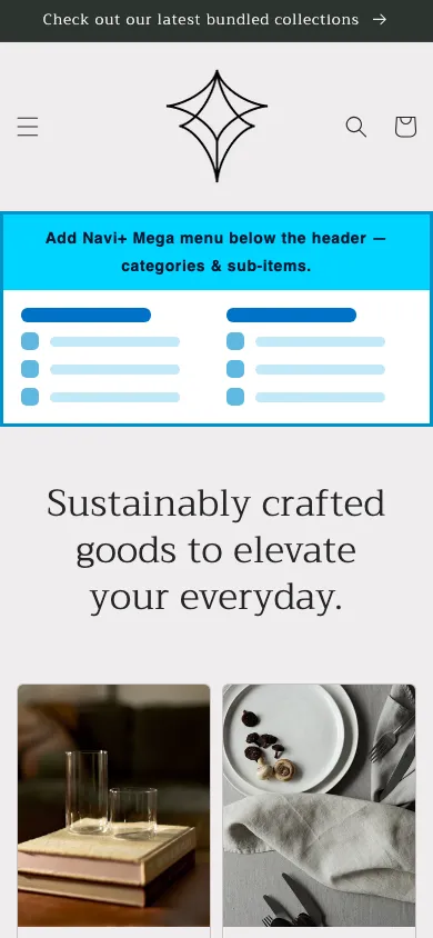 Navi+ mobile Mega Menu on the Craft Shopify theme Navi+ mobile Mega Menu on the Craft Shopify theme