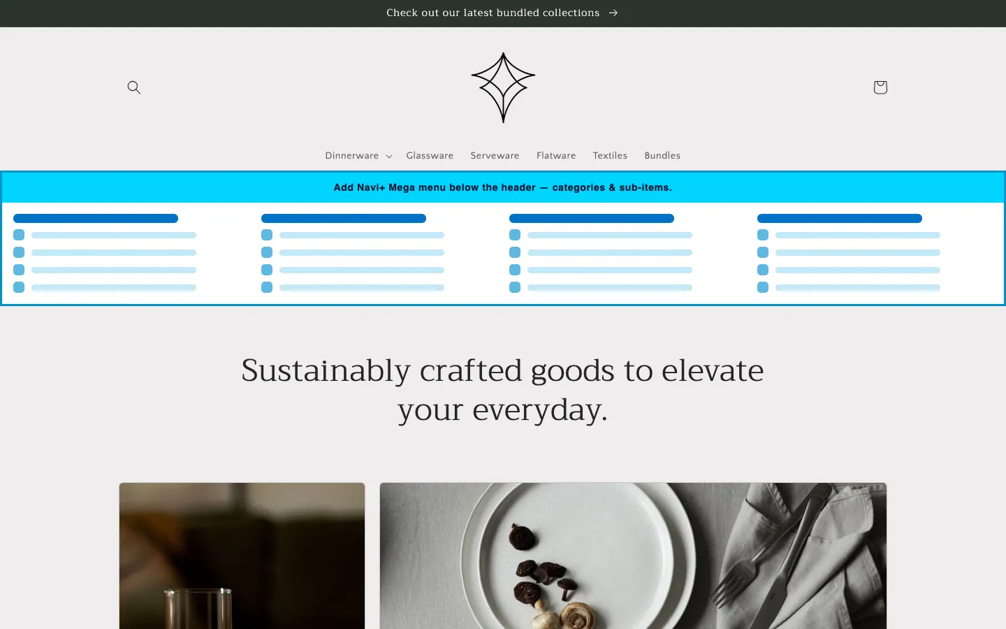 Navi+ Mega Menu inserted below the header on the Craft Shopify theme Navi+ Mega Menu inserted below the header on the Craft Shopify theme