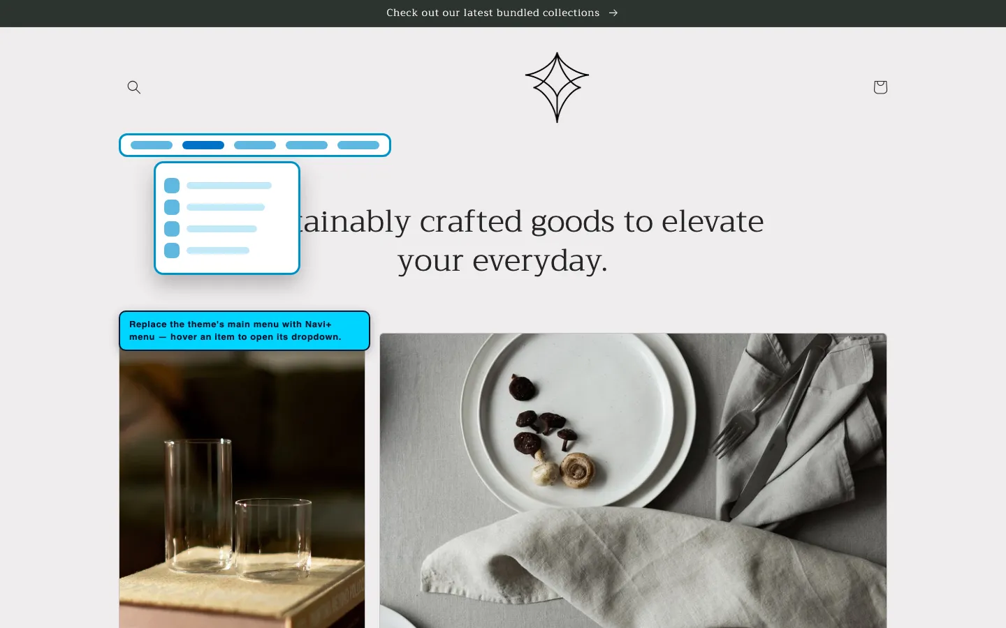 Navi+ Mega Menu replacing the desktop menu on the Craft Shopify theme