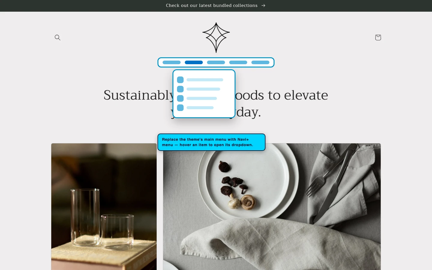 Navi+ Mega Menu replacing the desktop menu on the Craft Shopify theme Navi+ Mega Menu replacing the desktop menu on the Craft Shopify theme