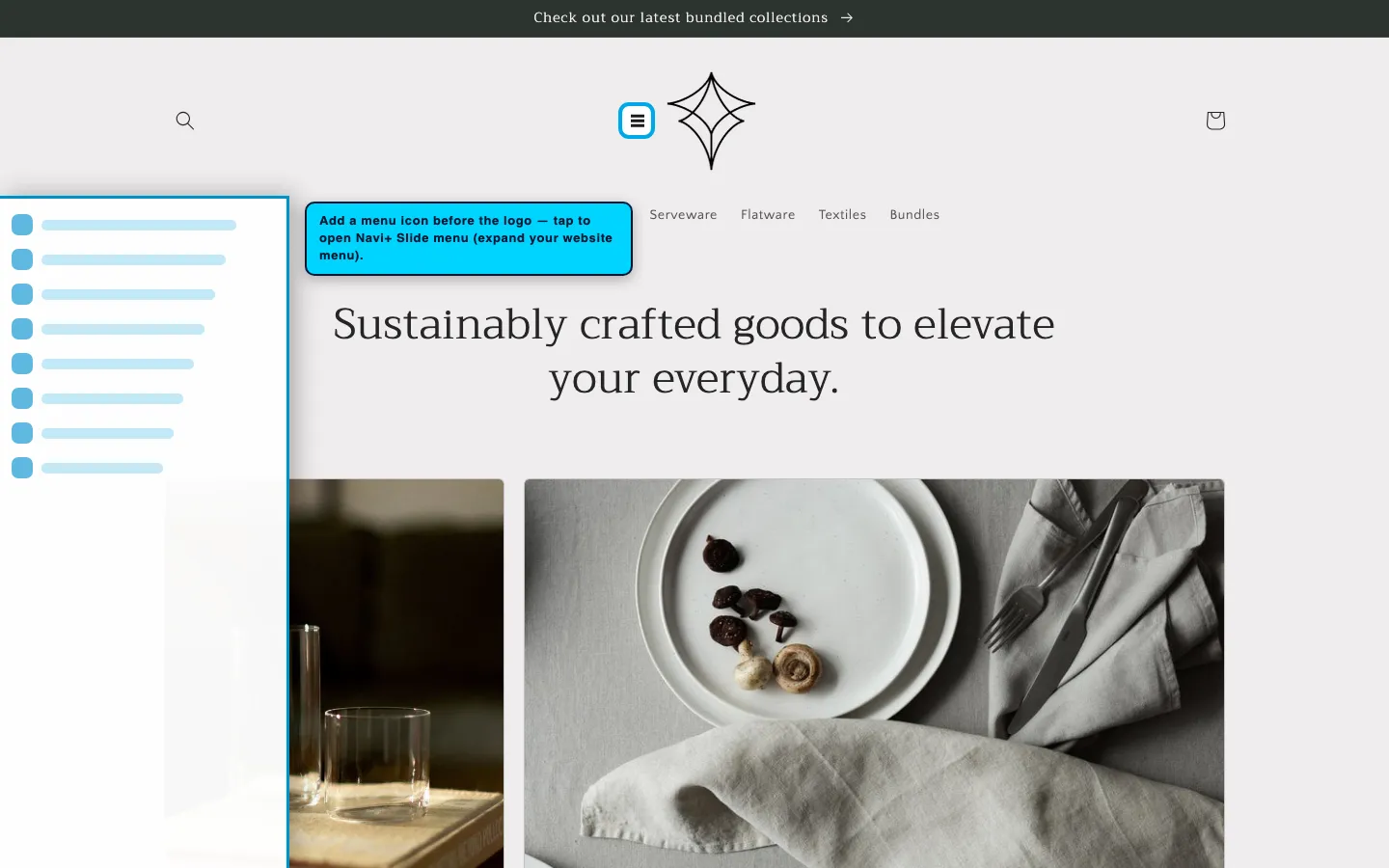 Navi+ trigger icon before the logo on the Craft Shopify theme Navi+ trigger icon before the logo on the Craft Shopify theme