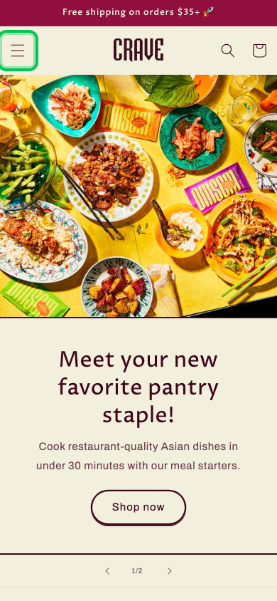 Hamburger → panel opened — Navi+ on the Crave Shopify theme