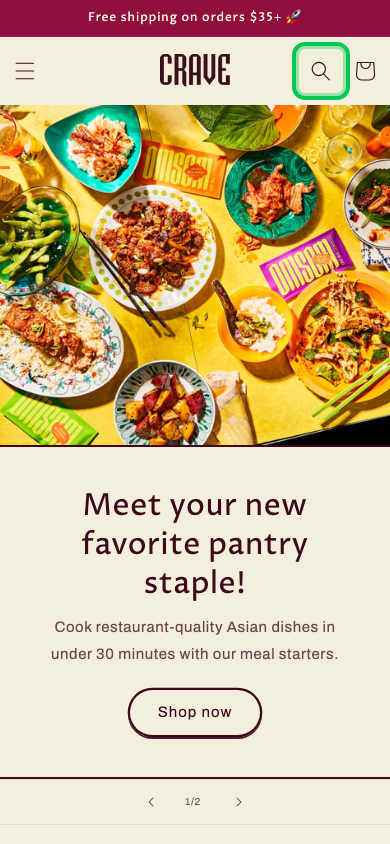 Search → panel opened — Navi+ on the Crave Shopify theme