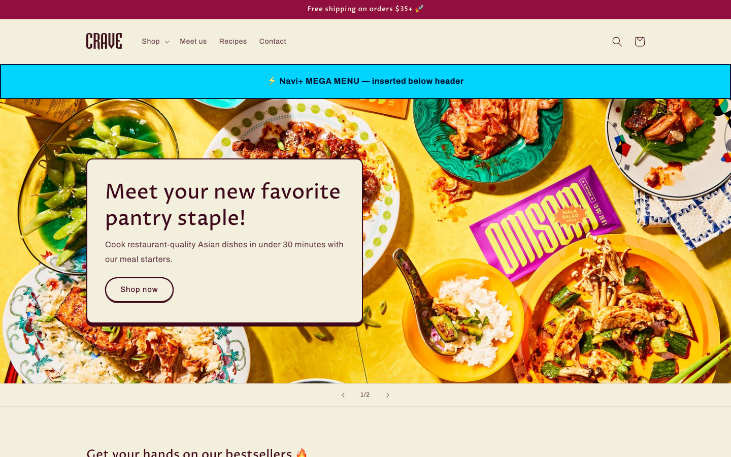 Menu inserted below header — Navi+ on the Crave Shopify theme