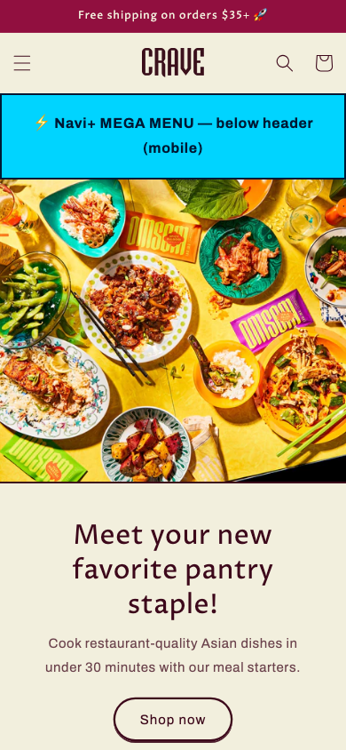 Menu inserted below header — Navi+ on the Crave Shopify theme