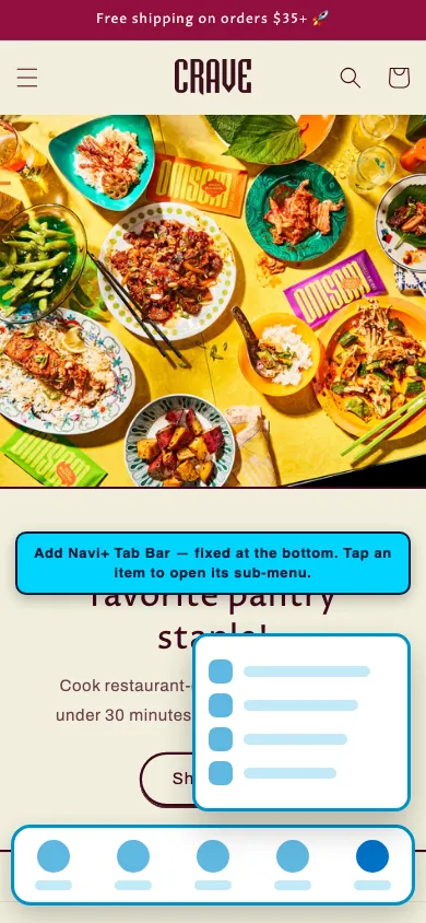 Navi+ Tab Bar on the Crave Shopify theme Navi+ Tab Bar on the Crave Shopify theme