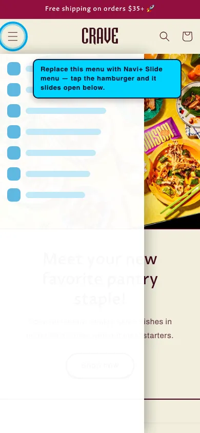 Navi+ Slide Menu on the Crave Shopify theme Navi+ Slide Menu on the Crave Shopify theme