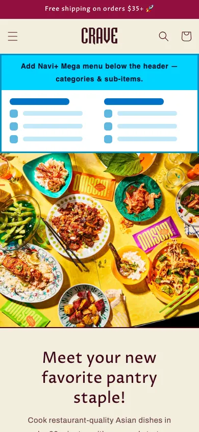 Navi+ mobile Mega Menu on the Crave Shopify theme Navi+ mobile Mega Menu on the Crave Shopify theme