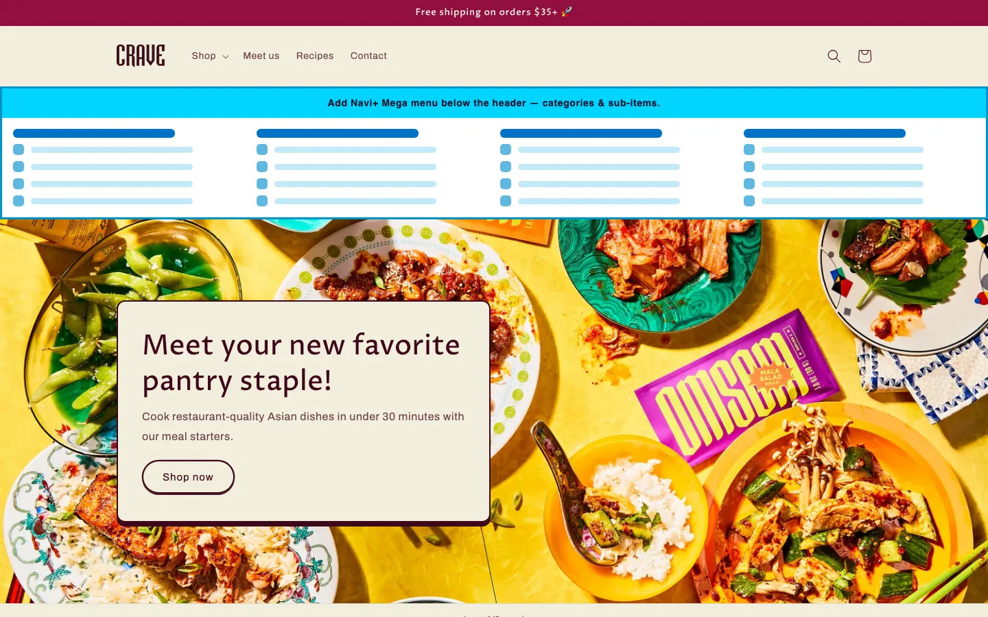 Navi+ Mega Menu inserted below the header on the Crave Shopify theme Navi+ Mega Menu inserted below the header on the Crave Shopify theme