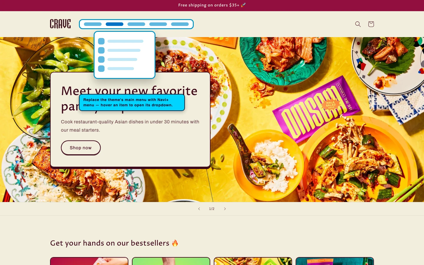 Navi+ Mega Menu replacing the desktop menu on the Crave Shopify theme Navi+ Mega Menu replacing the desktop menu on the Crave Shopify theme