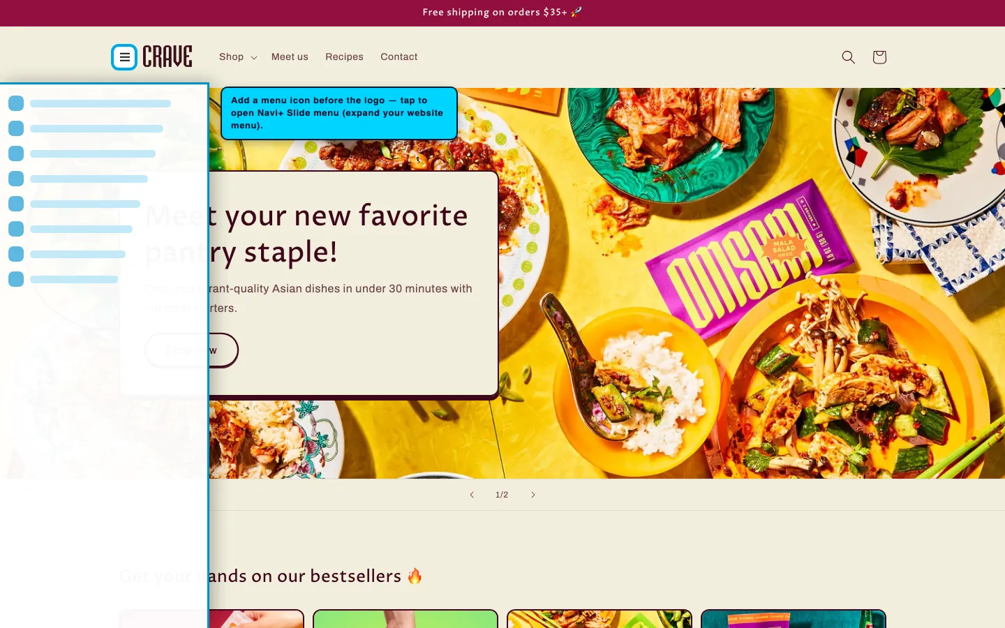 Navi+ trigger icon before the logo on the Crave Shopify theme Navi+ trigger icon before the logo on the Crave Shopify theme
