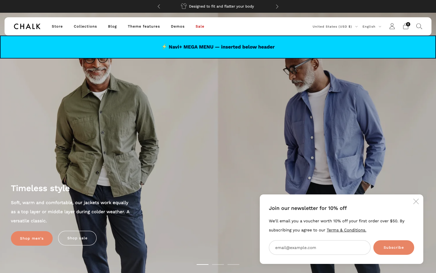 Menu inserted below header — Navi+ on the Creative Shopify theme Menu inserted below header — Navi+ on the Creative Shopify theme