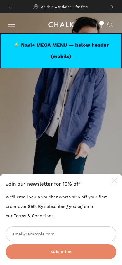Menu inserted below header — Navi+ on the Creative Shopify theme Menu inserted below header — Navi+ on the Creative Shopify theme