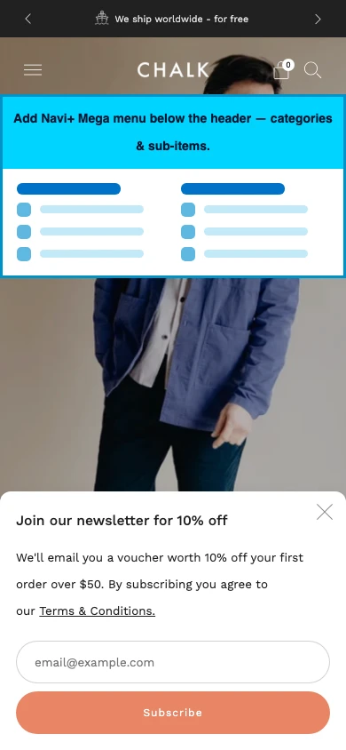 Navi+ mobile Mega Menu on the Creative Shopify theme Navi+ mobile Mega Menu on the Creative Shopify theme