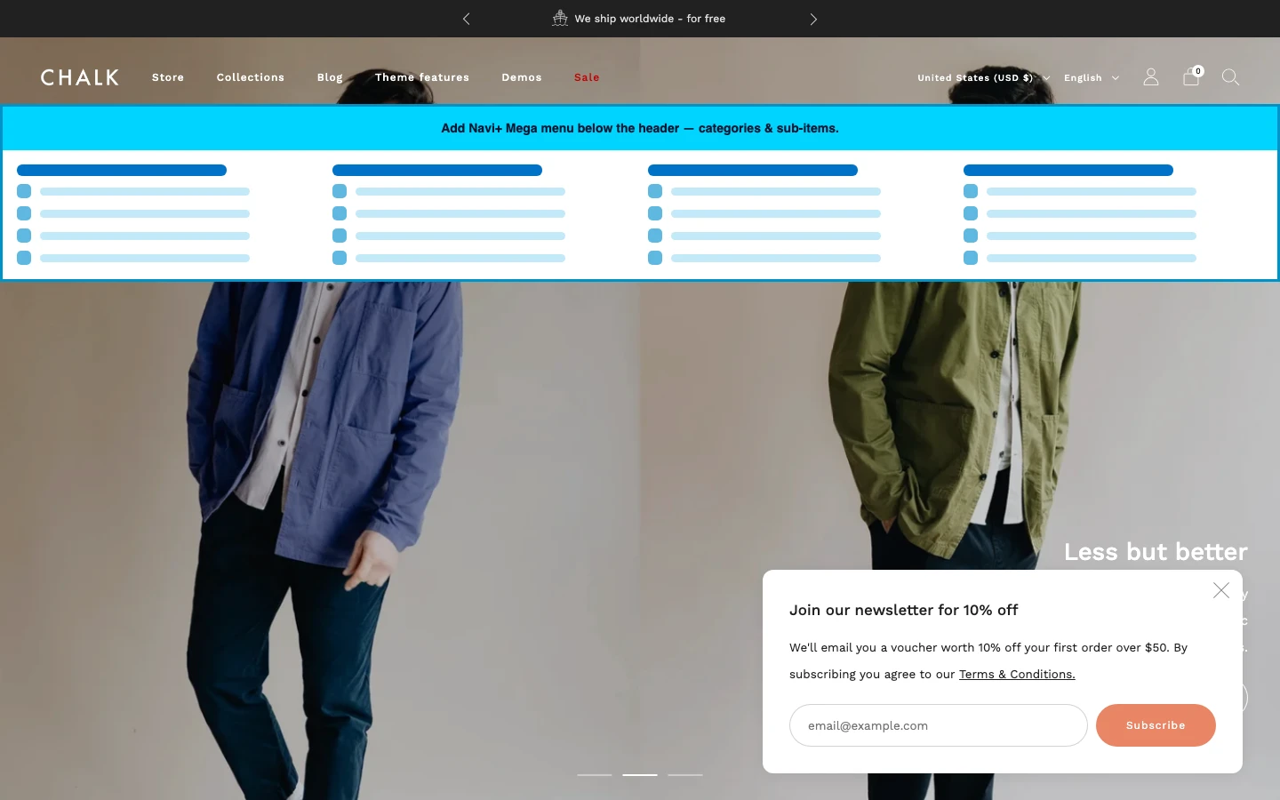 Navi+ Mega Menu inserted below the header on the Creative Shopify theme Navi+ Mega Menu inserted below the header on the Creative Shopify theme