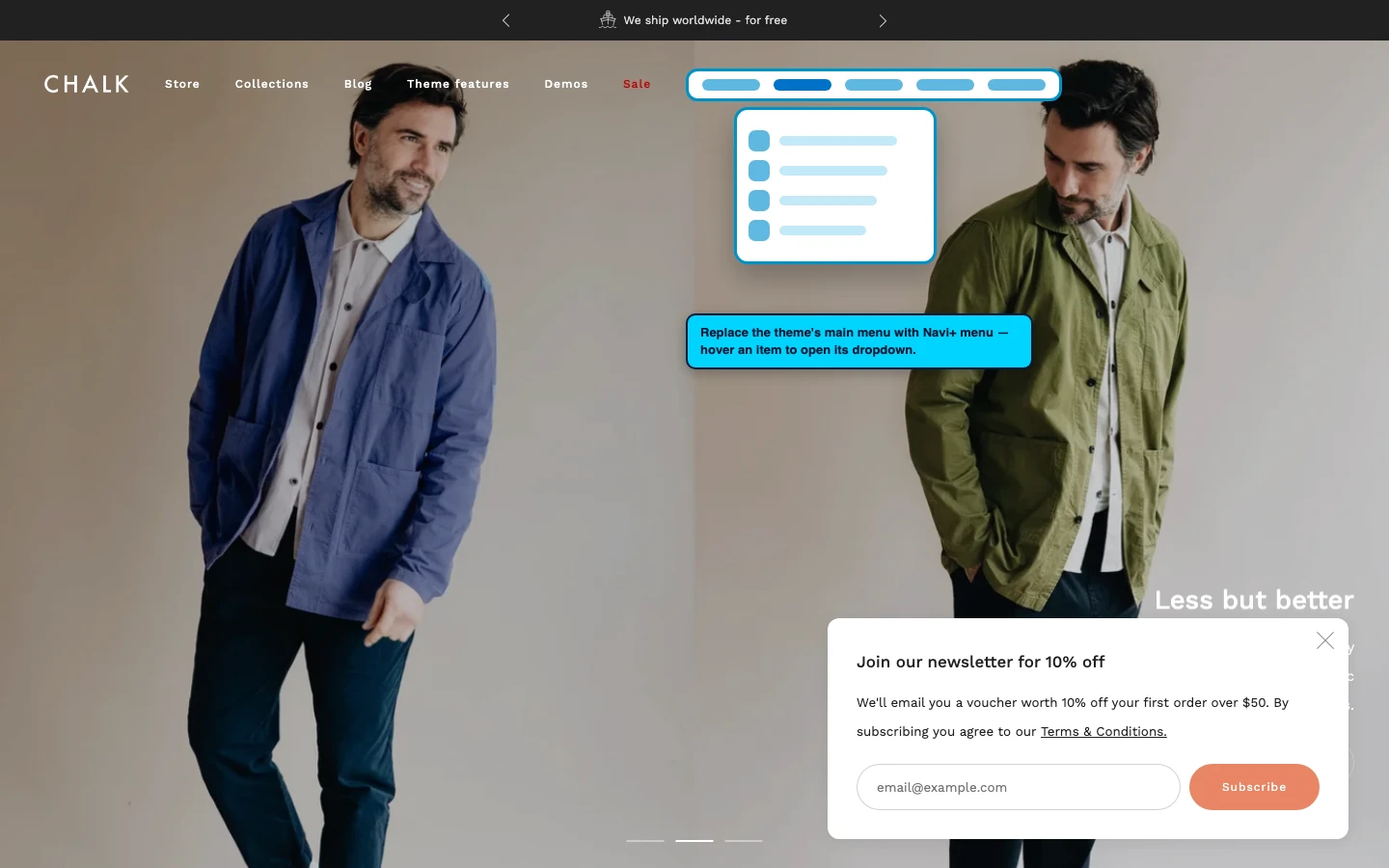 Navi+ Mega Menu replacing the desktop menu on the Creative Shopify theme Navi+ Mega Menu replacing the desktop menu on the Creative Shopify theme