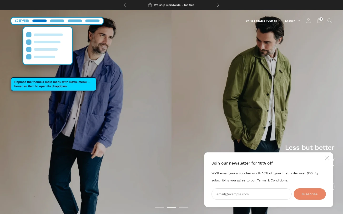Navi+ Mega Menu replacing the desktop menu on the Creative Shopify theme Navi+ Mega Menu replacing the desktop menu on the Creative Shopify theme