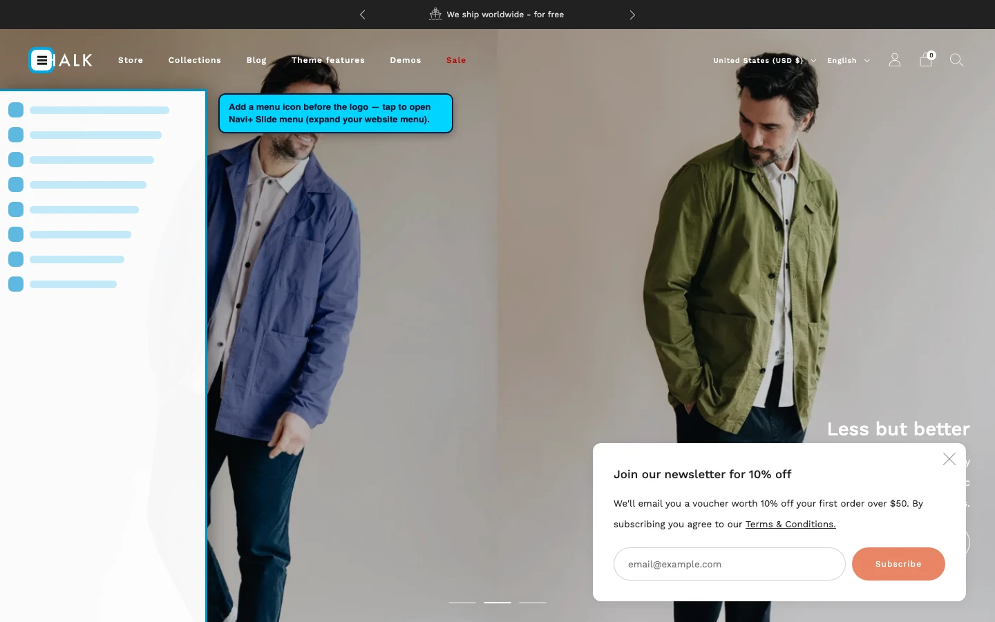 Navi+ trigger icon before the logo on the Creative Shopify theme Navi+ trigger icon before the logo on the Creative Shopify theme