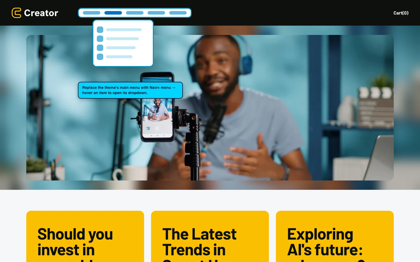 Navi+ Mega Menu replacing the desktop menu on the Creator Shopify theme