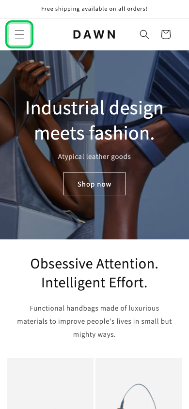 Hamburger → panel opened — Navi+ on the Dawn Shopify theme Hamburger → panel opened — Navi+ on the Dawn Shopify theme