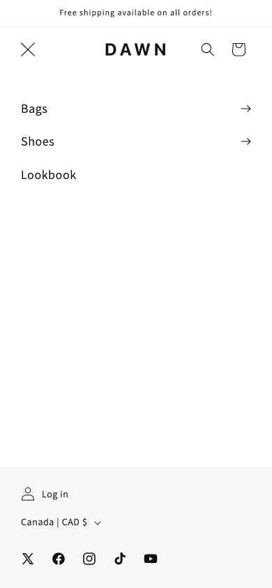 Hamburger → panel opened — Navi+ on the Dawn Shopify theme Hamburger → panel opened — Navi+ on the Dawn Shopify theme