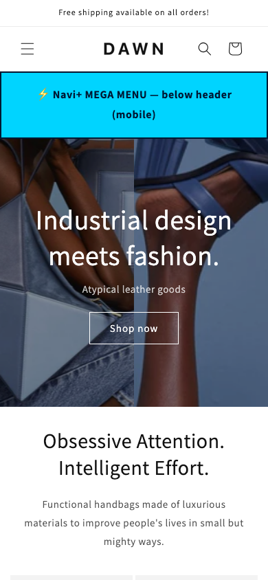 Menu inserted below header — Navi+ on the Dawn Shopify theme Menu inserted below header — Navi+ on the Dawn Shopify theme