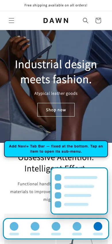 Navi+ Tab Bar on the Dawn Shopify theme Navi+ Tab Bar on the Dawn Shopify theme