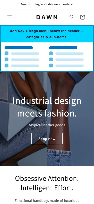 Navi+ mobile Mega Menu on the Dawn Shopify theme Navi+ mobile Mega Menu on the Dawn Shopify theme