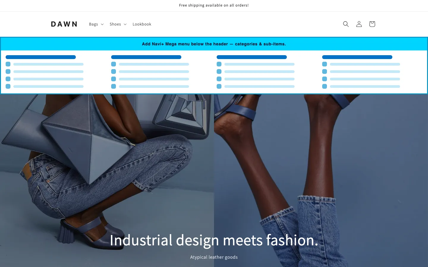 Navi+ Mega Menu inserted below the header on the Dawn Shopify theme Navi+ Mega Menu inserted below the header on the Dawn Shopify theme