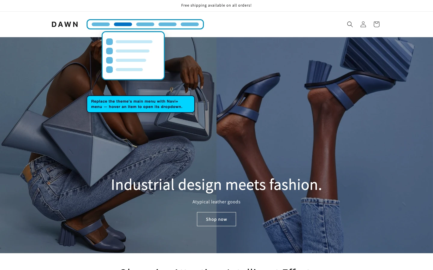 Navi+ Mega Menu replacing the desktop menu on the Dawn Shopify theme Navi+ Mega Menu replacing the desktop menu on the Dawn Shopify theme