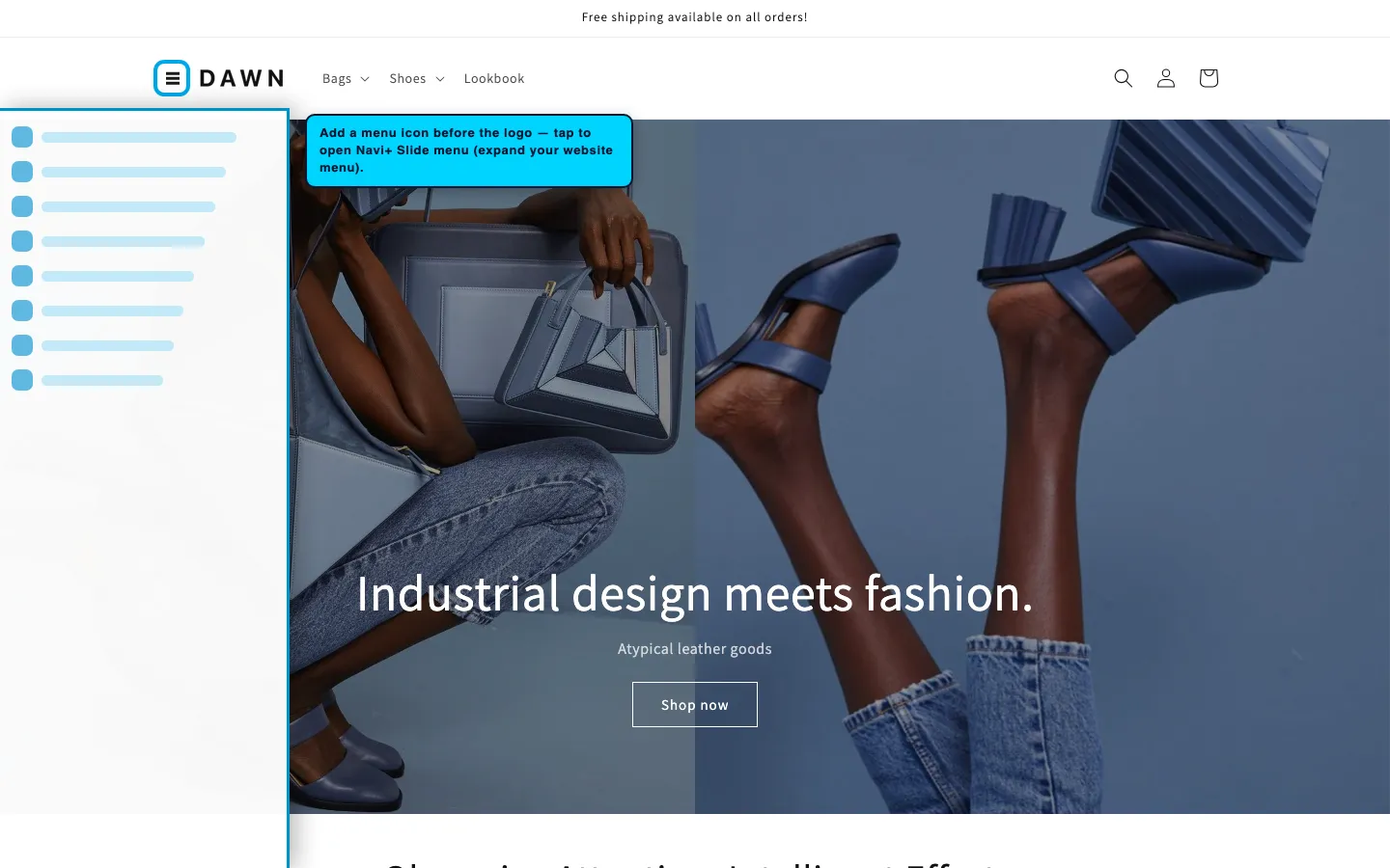 Navi+ trigger icon before the logo on the Dawn Shopify theme Navi+ trigger icon before the logo on the Dawn Shopify theme