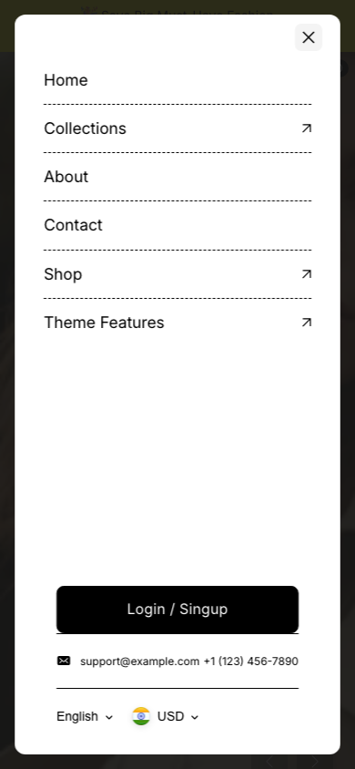 Hamburger → panel opened — Navi+ on the Desert Shopify theme