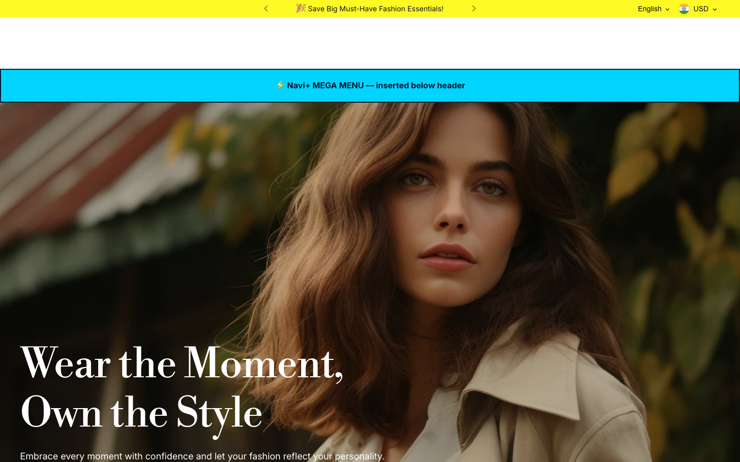 Menu inserted below header — Navi+ on the Desert Shopify theme