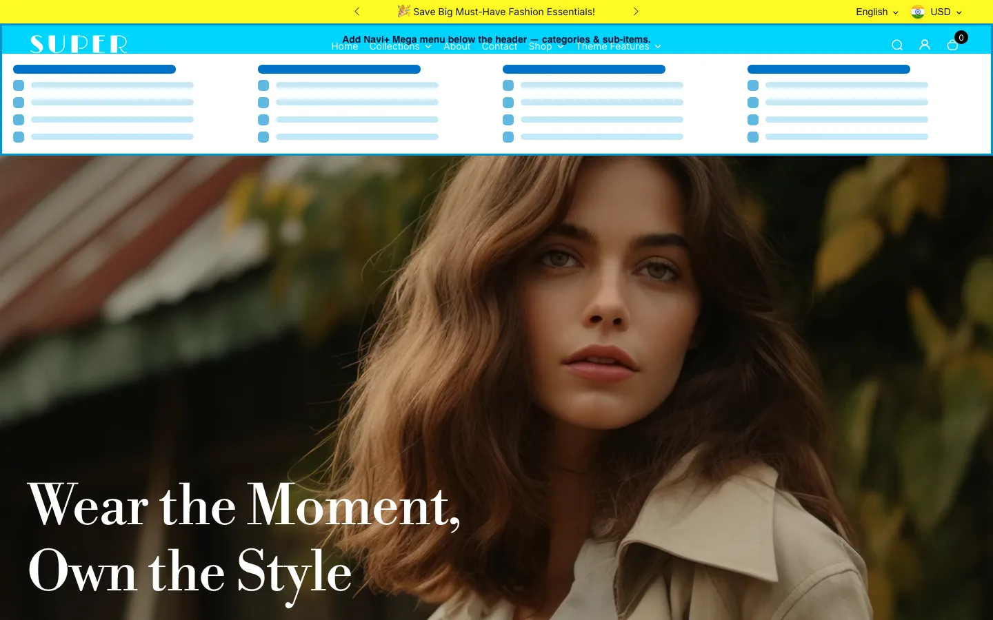 Navi+ Mega Menu inserted below the header on the Desert Shopify theme Navi+ Mega Menu inserted below the header on the Desert Shopify theme