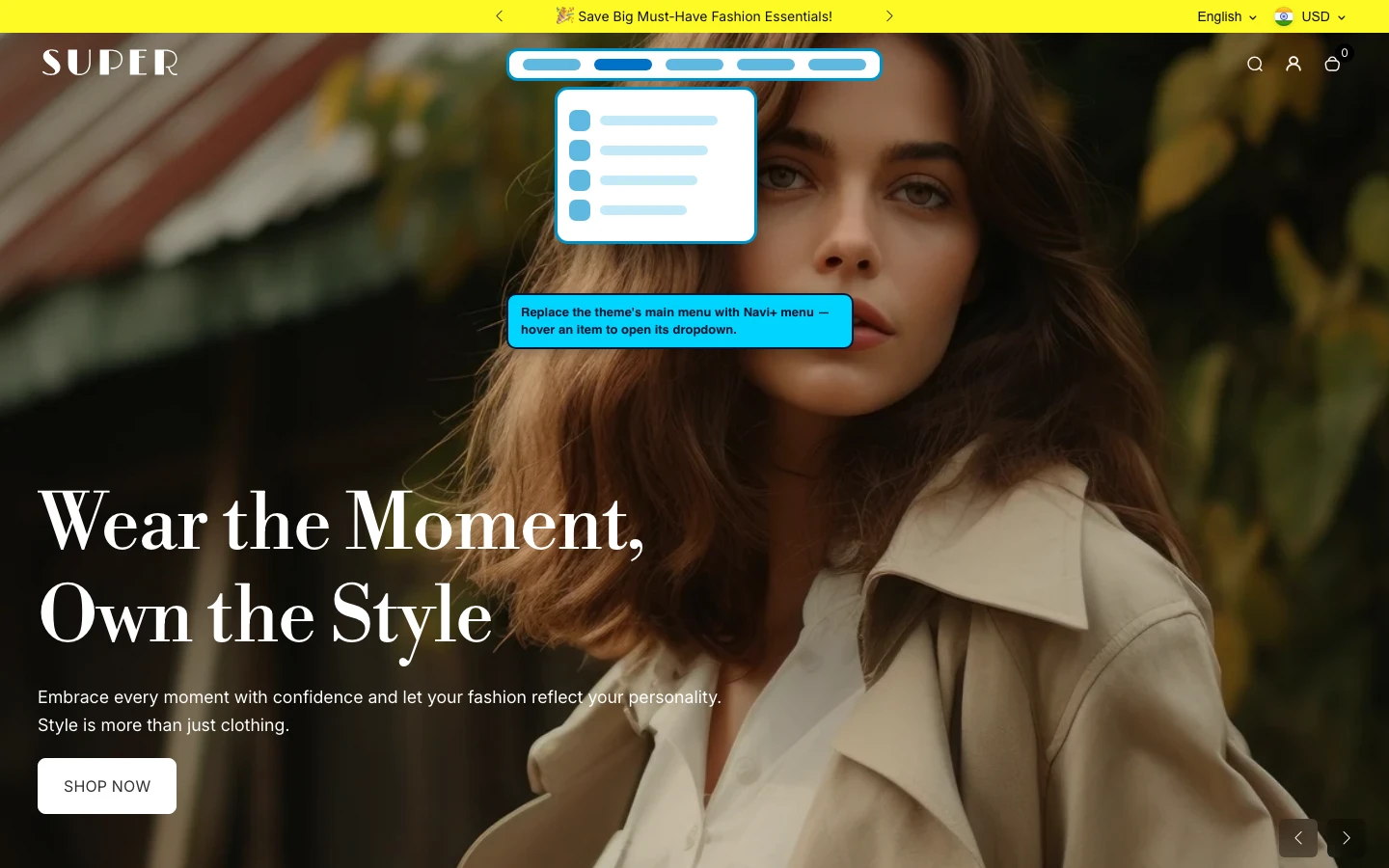Navi+ Mega Menu replacing the desktop menu on the Desert Shopify theme Navi+ Mega Menu replacing the desktop menu on the Desert Shopify theme