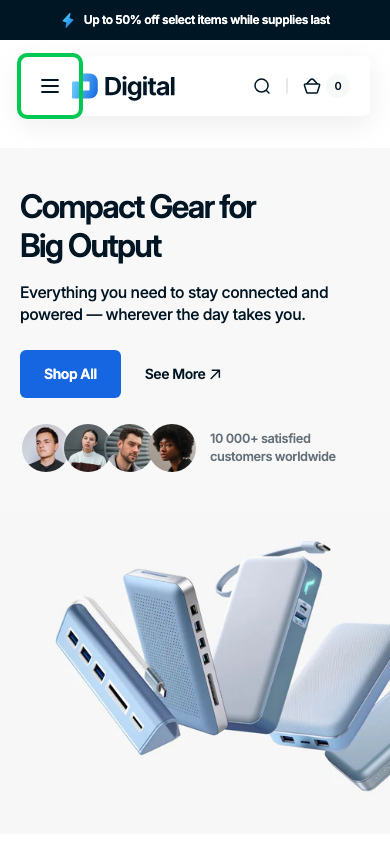 Hamburger → panel opened — Navi+ on the Digital Shopify theme