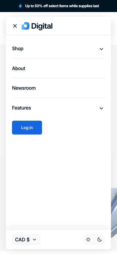 Hamburger → panel opened — Navi+ on the Digital Shopify theme