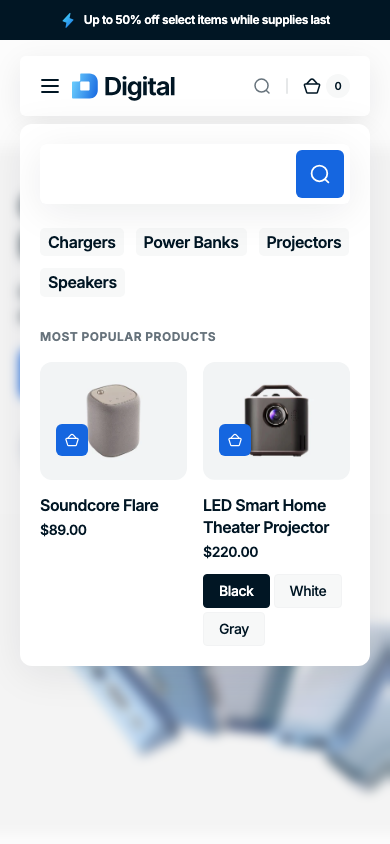 Search → panel opened — Navi+ on the Digital Shopify theme