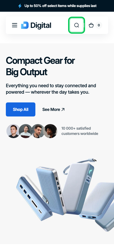 Search → panel opened — Navi+ on the Digital Shopify theme