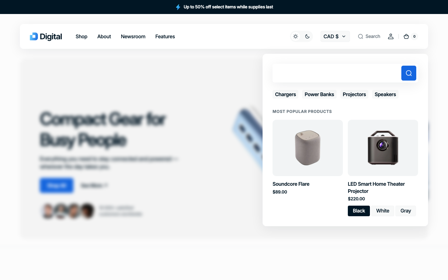 Search → panel opened — Navi+ on the Digital Shopify theme