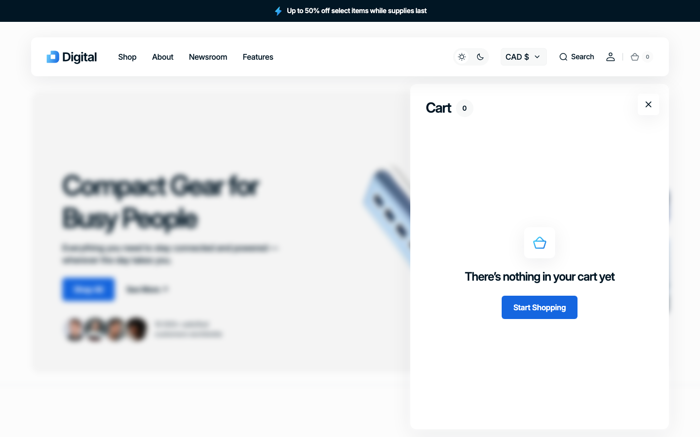 Cart → panel opened — Navi+ on the Digital Shopify theme