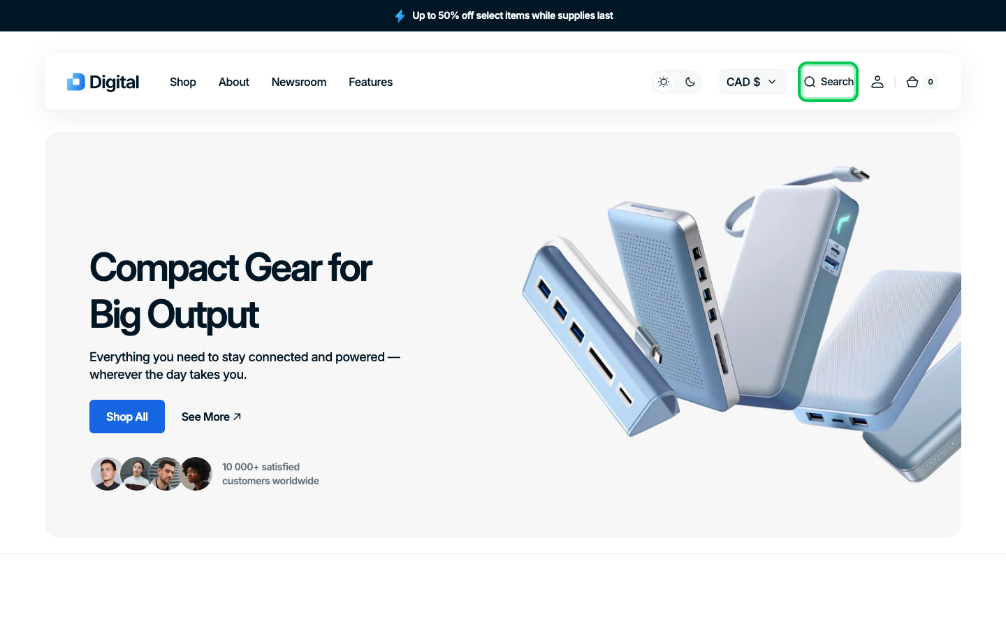 Search → panel opened — Navi+ on the Digital Shopify theme