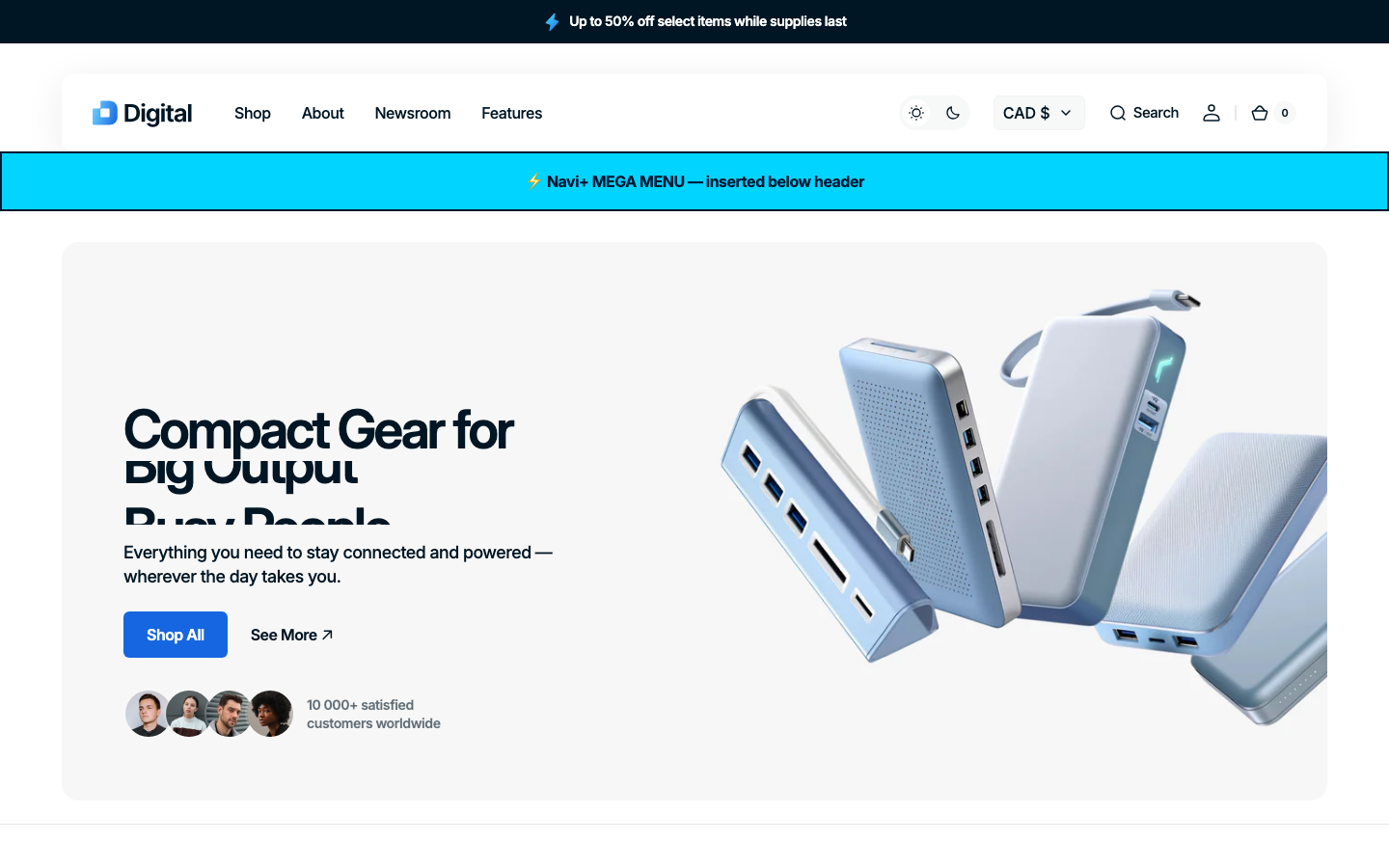 Menu inserted below header — Navi+ on the Digital Shopify theme