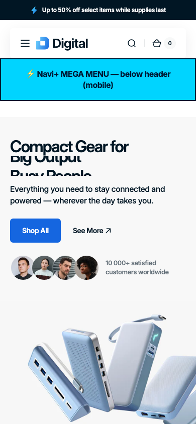 Menu inserted below header — Navi+ on the Digital Shopify theme