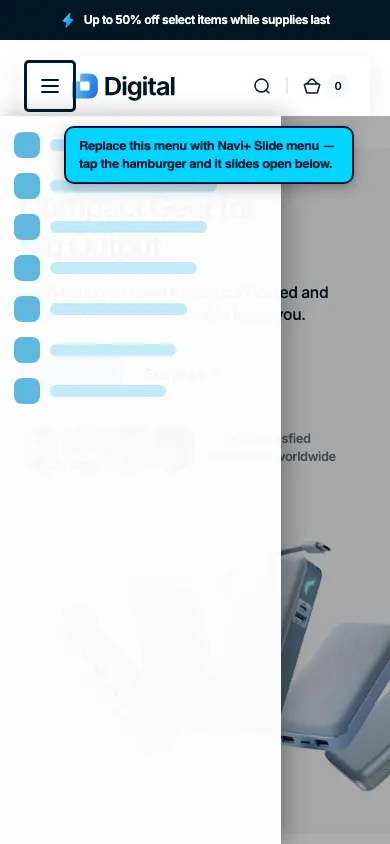 Navi+ Slide Menu on the Digital Shopify theme Navi+ Slide Menu on the Digital Shopify theme
