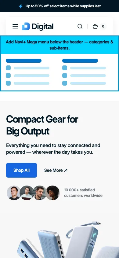 Navi+ mobile Mega Menu on the Digital Shopify theme Navi+ mobile Mega Menu on the Digital Shopify theme